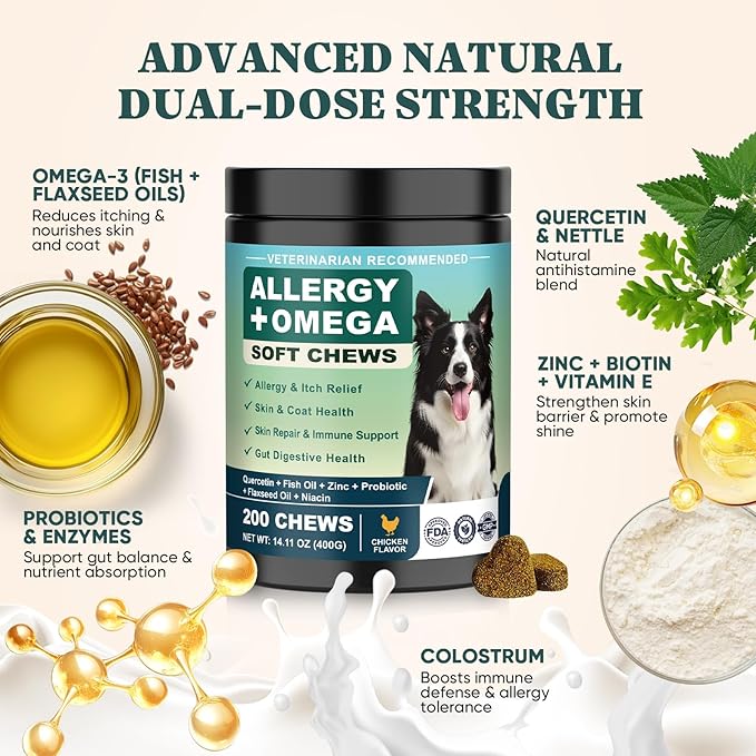Dog Allergy Chews Omega 3 is Human,Itch Relief Multivitamin Medicine for Dogs Itching Skin Relief and Aller Immune Pet Allergy Dog Anti Itch Chews Coat Licking Supplements Pills Meds Medicine for Dogs