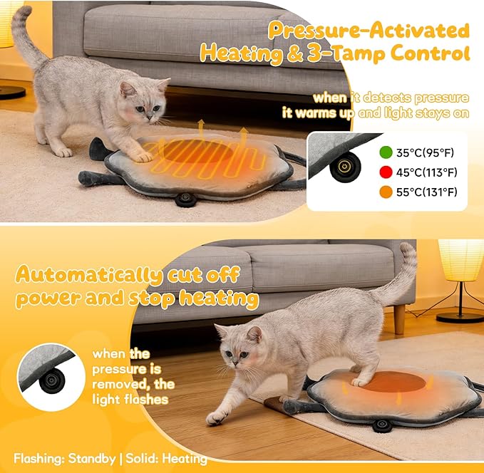 Cat Heating Pad for Indoor Cats Dogs Pressure-Activated Heated Cat Bed for Pets Warming Mat Electric Heated Pads with Removable Cover Adjustable Temp Sunflower Grey 22"X 22"