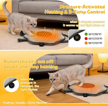 Cat Heating Pad for Indoor Cats Dogs Pressure-Activated Heated Cat Bed for Pets Warming Mat Electric Heated Pads with Removable Cover Adjustable Temp Sunflower Grey 22"X 22"