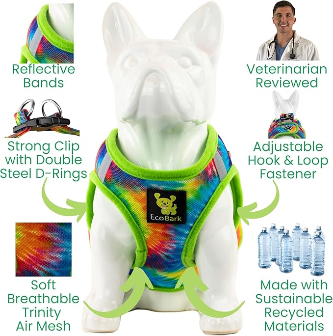 EcoBark Step in Dog Harness - Soft Mesh Dog Vest Harnesses for Puppies and Small Dogs - Reflective Adjustable No Pull and No Choke Halter Harness - Mesh Comfort Padded Body Harness (Tie-Dye, Large)
