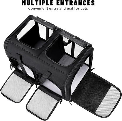 Cat Carrier for 2 Cats, Foldable Double Cat and Dog Carrier, Small to Medium Size, 2 Front Zippered Compartments,Two Pets Carrier for Outdoor Travel,Mulitple Cat Carrier (Black)