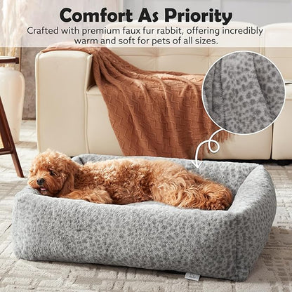 JOEJOY Small Dog Bed for Small Dogs, Removable Washable Cover Orthopedic Soft Faux Rabbit Fur Pet Bed, Anti-Slip Fluffy Plush Puppy Bed, 20"x19"x6", Leopard Print, Grey