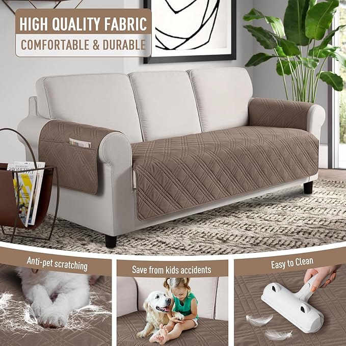 TAOCOCO Waterproof Couch Covers for Pets Dogs with Non Slip Backing, Sofa Seat Covers with Side Pocket for 3 Cushion Couch Washable Dog Couch Cover Protector Sofa Slipcovers(Sofa Plus, Taupe)