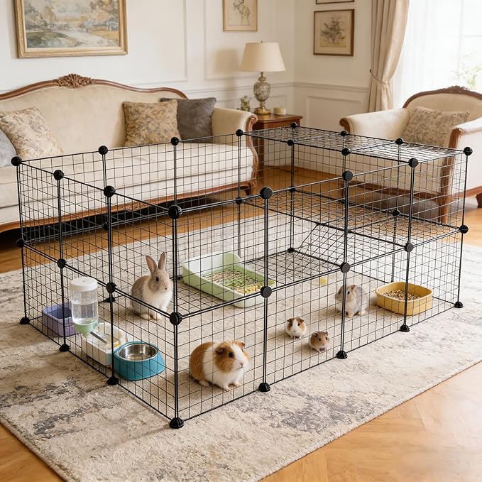 36 Panels Small Animals Playpen, Portable DIY Pet Playpen with Metal Enclosure Cage for Guinea Pig, Rabbit, Bunny, Chicken, Hedgehogs, Puppy, Hamster, Two-Story Playpen Indoor Outdoor
