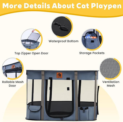 Portable Cat Playpen 2-in-1, Enclosed Kitten Playpen with Litter Box Cage Area, Pet Playpen with Collapsible Tent Rod Reinforced for Cats Puppy Rabbit Hamster Indoor Outdoor Use (Grey)