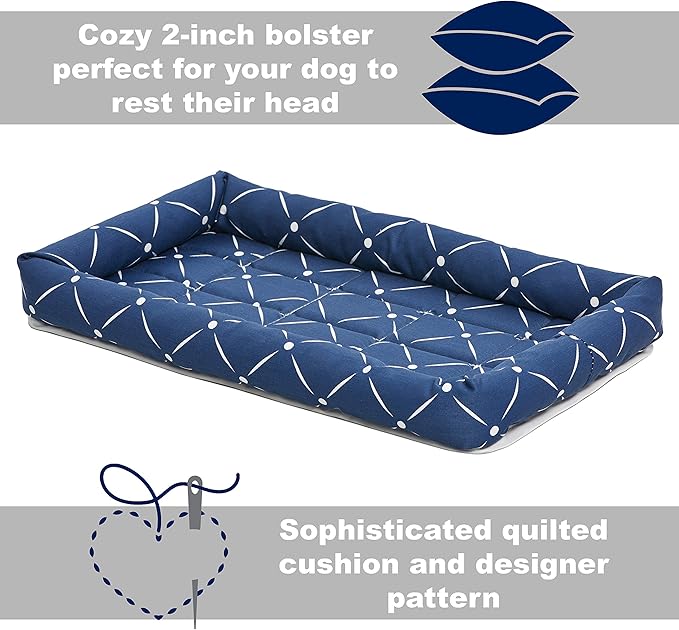 MidWest Homes for Pets 40224-BLD Quiet Time Couture Ashton Bolster Pet Bed, Small Dog/24, Blue & White Diamond Pattern