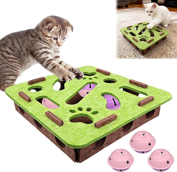 Cat Scratch Puzzle Enrichment Box with 3 Jingle Balls, Interactive Cat Toy Maze for Indoor Cats, No Assembly, Mental Stimulation Toys for Bored Kittens to Chase & Play