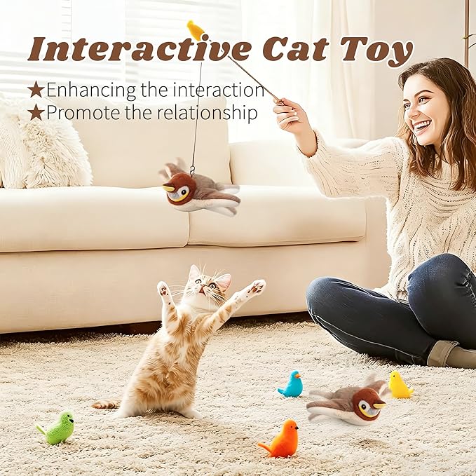 Interactive Chirping Bird Cat Toys with Flapping Wings,New Flying Birds Cats Toy, Flying Simulation Electric Sparrow Shaking Hunting Pet Toy for Indoor (Sparrow)