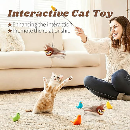 Interactive Chirping Bird Cat Toys with Flapping Wings,New Flying Birds Cats Toy, Flying Simulation Electric Sparrow Shaking Hunting Pet Toy for Indoor (Sparrow)