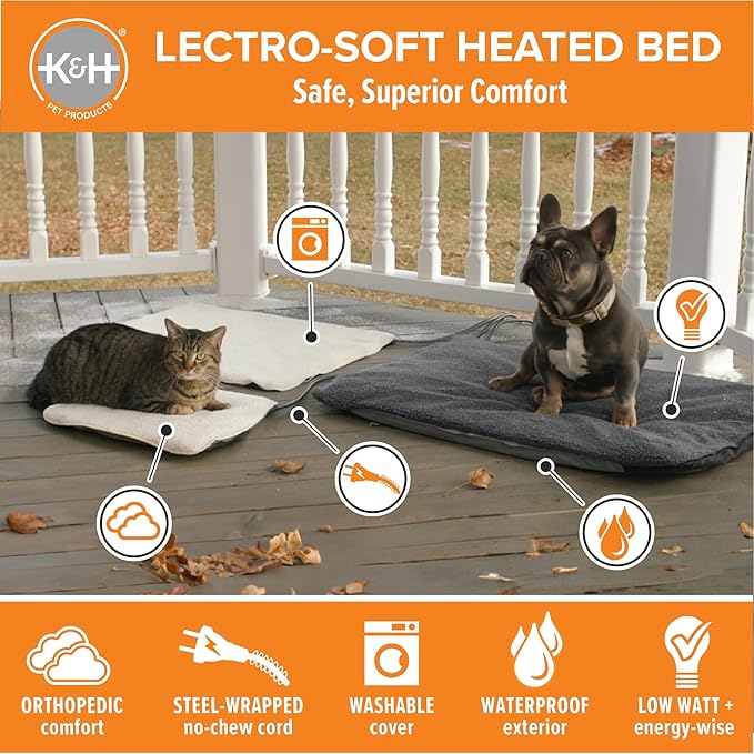 K&H Pet Products Lectro-Soft Orthopedic Outdoor Heated Cat Bed for Outdoor Cat Houses, Safety Listed Automatic Warming Pad, Soft and Flexible, Waterproof, Washable Cover - Small 18 X 14in Gray 20W