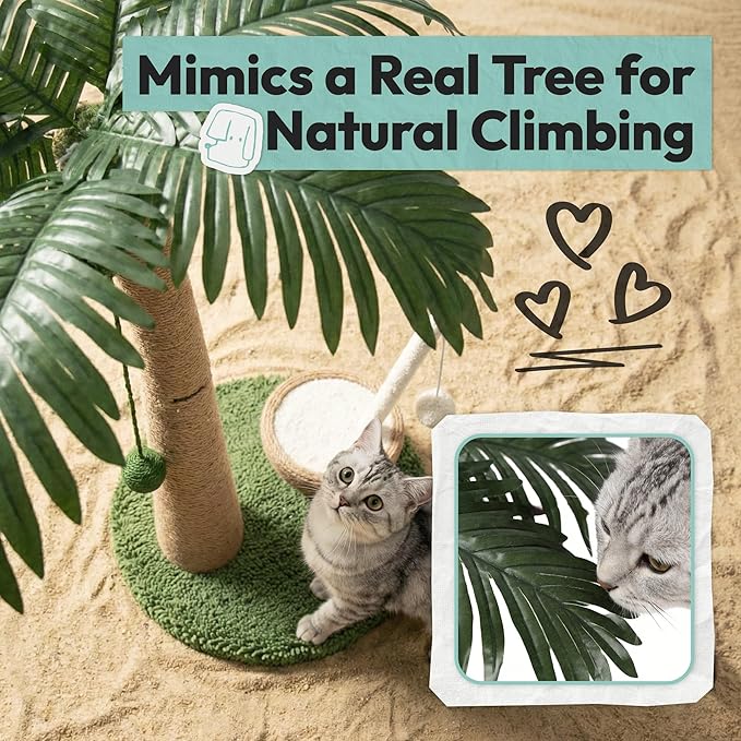 33" Tall Cat Scratching Post, Natural Jute Cat Scratcher for Indoor Cats,Coconut Tree & Straw Design with Hanging Toy Ball & Rest Platform,Stable Furniture Protector for Kittens & Adult Cats,M