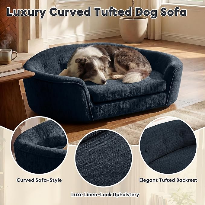 Dog Couch Bed with Oval Semi-Enclosed, Durable Linen Material Pet Sofa with Soft Foam Cushion, Dog Sofa Bed with Legs for Medium Dogs, Dark Blue