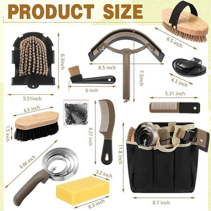 Abbylike 12 Pieces Horse Grooming Kit with Organizer Tote Bag Tack Room Supplies Horse Brush Sets Equine Care Cleaning Kit Shedding Grooming Massaging Tools(Khaki)