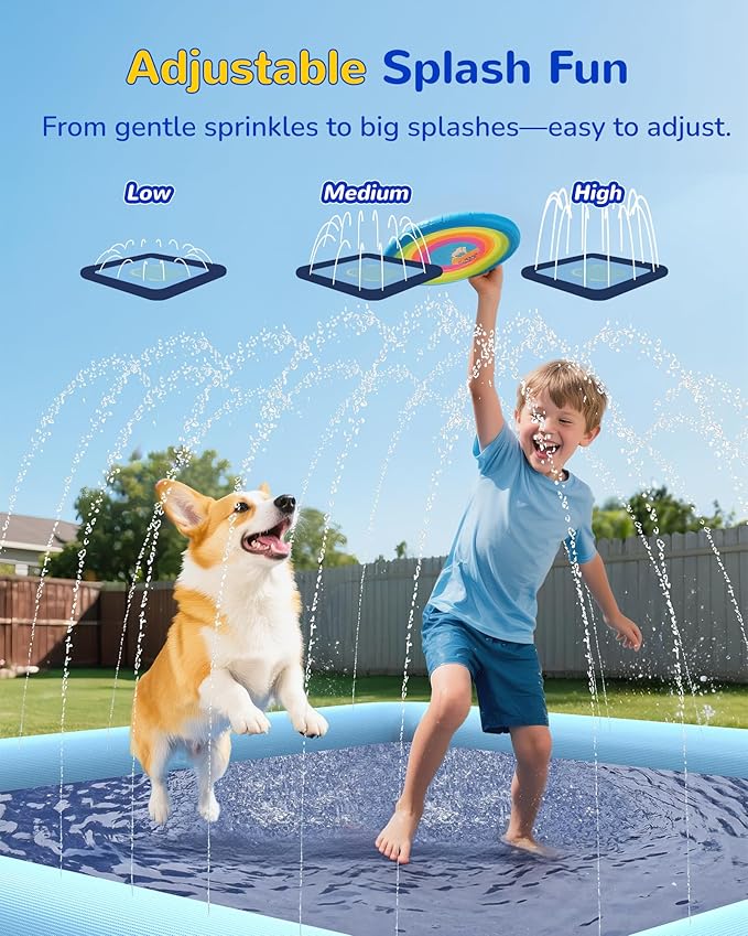 VISTOP Non-Slip Splash Pad for Kids and Dog, Thicken Sprinkler Pool Summer Outdoor Water Toys - Fun Backyard Fountain Play Mat for Baby Girls Boys Children or Pet Dog (97 * 60 inch, Blue&Blue)