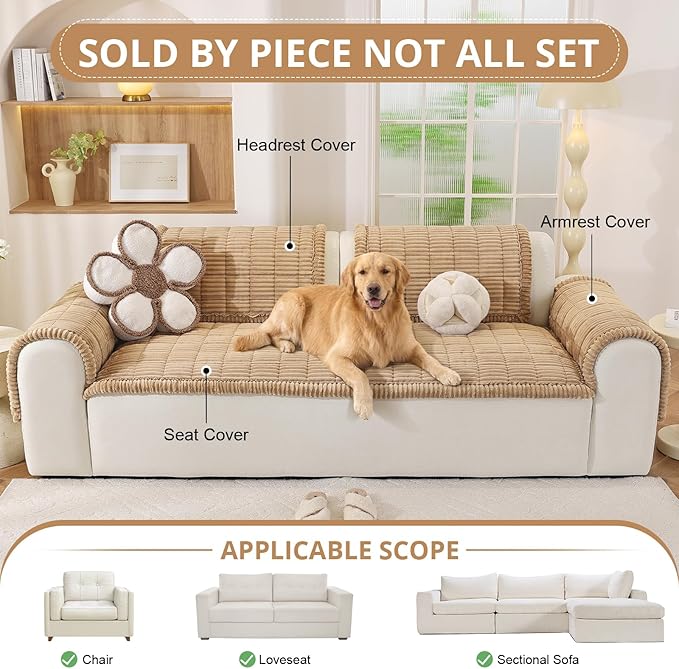 OstepDecor Washable Couch Cover for Dogs, Thick Pet Friendly Sofa Covers, Soft Couch Protector, Paw Cart Sofa Slipcovers, Cushion Protector for Leather, Sectional, Loveseat (27.6" x 47.2", Khaki)