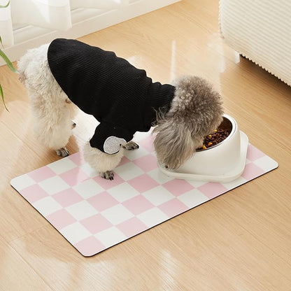 Ralxion Checkered Dog Feeding Mat, Absorbent Mats for Dog Food and Water Bowl, Dispenser, Feeder, Retro Aesthetic Pastel Pink Checkerboard Pet Placemat for Dogs, Cats, Puppy Accessories, 16" X 24”
