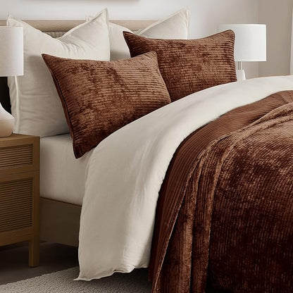 EVERGRACE Velvet Quilt Set Queen Size, Luxurious Soft Quilted Bedding Sets, Lightweight Velvet Comforter for All Season, Striped Channel Bedspread Coverlet with 2 Shams, Rust Brown