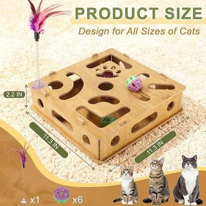 Cat Toys for Indoor Cats, Interactive Wooden Puzzle Toy Box, Stimulate Hunting Drives and Reduce Boredom, Wood Color