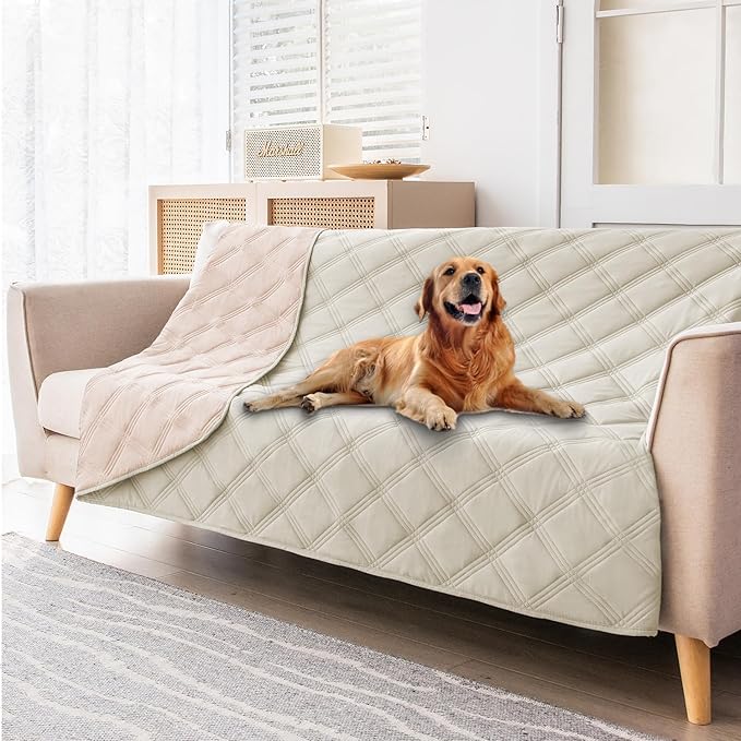 fuguitex Waterproof Dog Blanket Reversible for Small Dogs Resistant Leakproof Washable Couch Cushion Bed Protector Cover for Indoor Furniture Pet Friendly（52"*82",Baby Pink+Cream