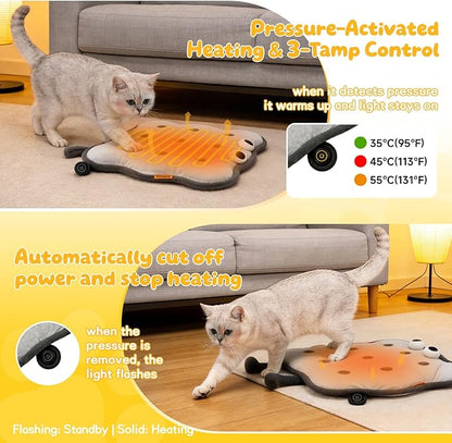 Heated Cat Bed for Indoor Pets Pressure-Activated Cat Heating Pad Extra Large Electric Pet Heated Pad Adjustable Temp Pet Heating Pads with Removable Cover Biscuits Grey 21"X 21"
