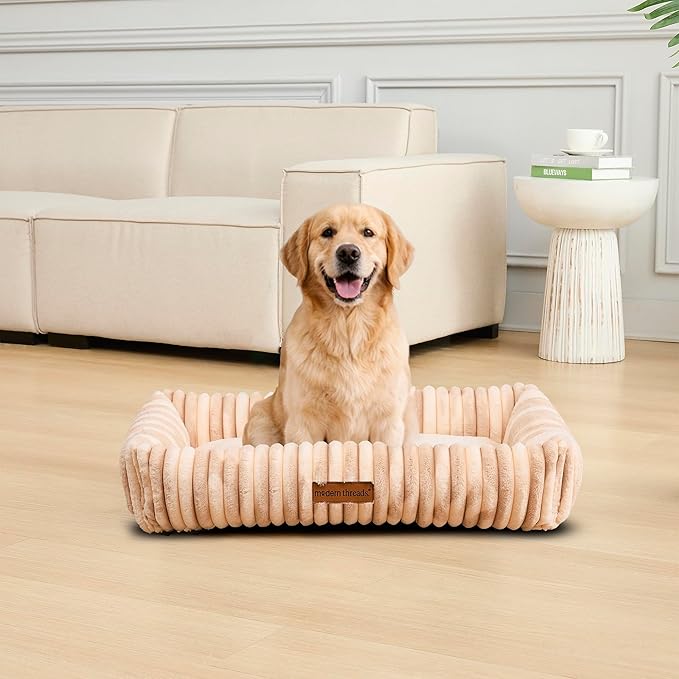 Modern Threads Ribbed Plush Two-Tone Cuddler Dog Bed, Ultra-Soft Faux Rabbit Fur, Supportive Bolstered Sides, Removable Washable Cover, Bed for Medium to Large Dogs, Cream, (34" L x 25" W x 9" Th)