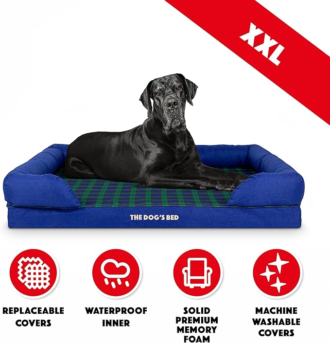 The Dog’s Bed Orthopedic Memory Foam Dog Bed with Bolsters for XXL Dogs, Waterproof Washable Cover, Anti-Slip Base, Calming Surface – CertiPUR-Certified Foam, Oxford Fabric, Black Watch Tartan, XXL