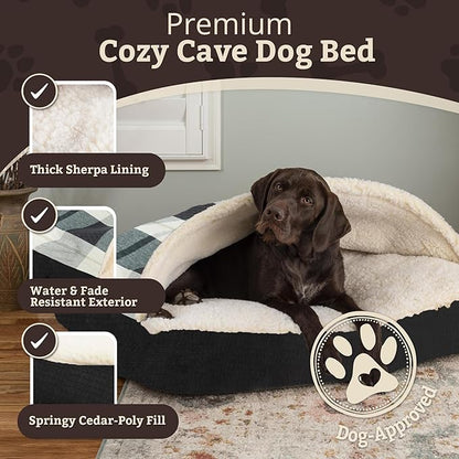 Snoozer Rectangle Cozy Cave Dog Bed - Indoor Dog Bed with Cover Cave, Covered Calming Burrow for Small & Medium Sized Pets with Blanket Attached, Enclosed, Washable Cover - Medium, BarkleyBlackDiamond