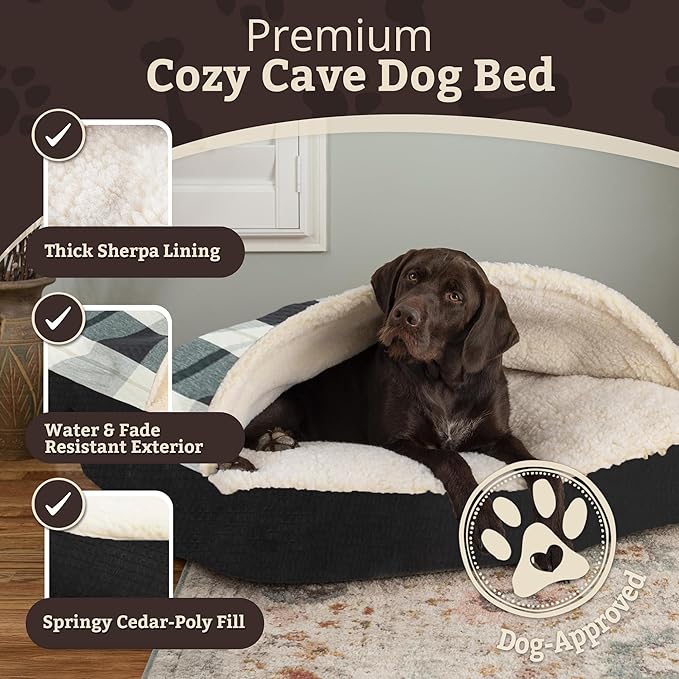Snoozer Rectangle Cozy Cave Dog Bed - Indoor Dog Bed with Cover Cave, Covered Calming Burrow for Large Sized Pets with Blanket Attached, Enclosed, Washable Cover - XL, Barkley Black Diamond