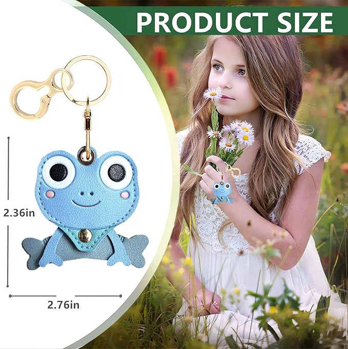 Leather Keychain Holder Case Compatible with AirTag,Cute Protective Cover with Keyring,Anti-Scratch Finder GPS Tracker Case for Wallet Keys,bag,pets,Backpack(Frog Blue)