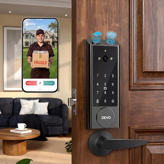 Devo G1 Video Smart Lock with Camera & Doorbell, 6-in-1 Fingerprint Keyless Entry Door Lock for Front Door, App Remote, Auto Locks, Wi-Fi Smart Deadbolt, Easy Install, Waterproof Black(Handle)