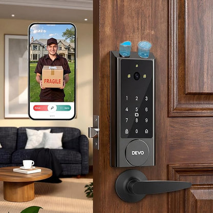 Devo G1 Video Smart Lock with Camera & Doorbell, 6-in-1 Fingerprint Keyless Entry Door Lock for Front Door, App Remote, Auto Locks, Wi-Fi Smart Deadbolt, Easy Install, Waterproof Black(Handle)