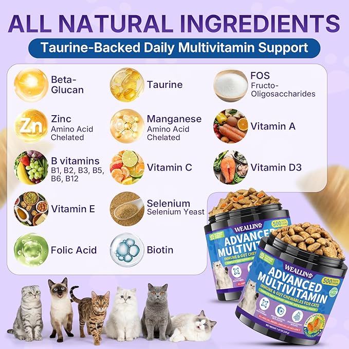Taurine for Cats Vitamins Treats, 18 in 1 Cat Multivitamins Treats 500 Crunchy & Krill Chews Cat Vitamins with Taurine Supplements for Heart Vision Immune Digestion Skin & Coat Support for All Ages