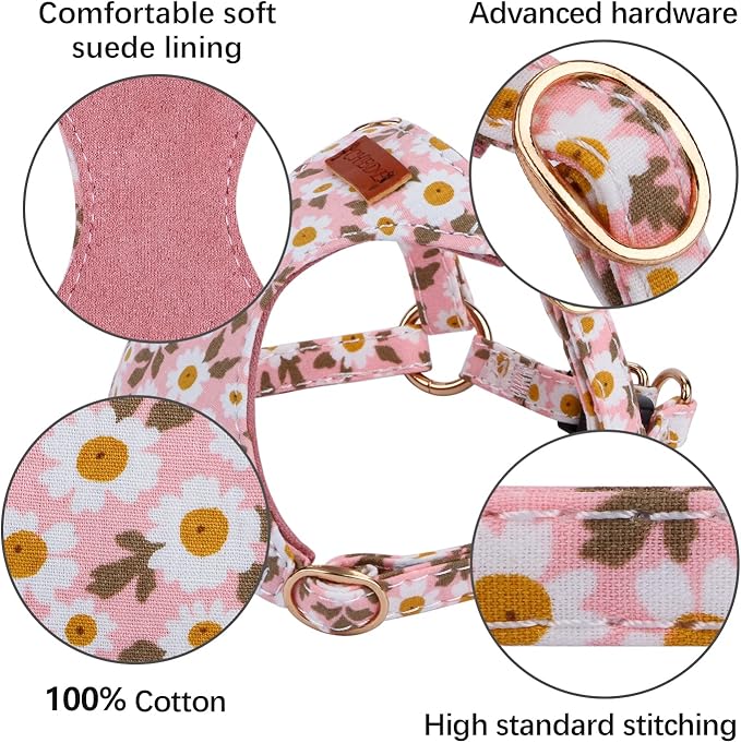 CHEDE No Pull Floral Pattern Dog Harness- Lightweight, Soft, Adjustable Small Harness and Leash Set, Suitable for Puppy Small and Medium-Sized Dog (S, Pink Daisy)