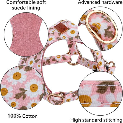 CHEDE No Pull Floral Pattern Dog Harness- Lightweight, Soft, Adjustable Small Harness and Leash Set, Suitable for Puppy Small and Medium-Sized Dog (S, Pink Daisy)