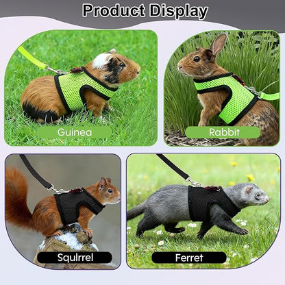 Guinea Pig Harness and Leash，2packs Guinea Pig Clothes Baby Ferret Rats Hamster Soft Mesh Harness Leash for Decoration，Hamster Harness can be Adjusted to Any Size. (Black + Green)