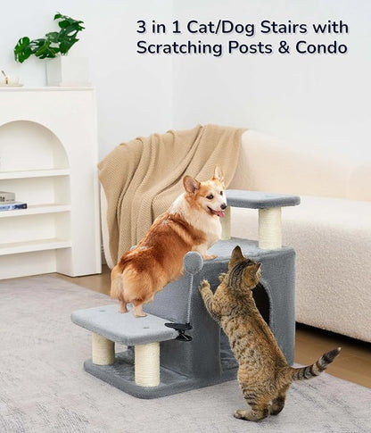 Happi N Pets Dog Stairs with Cat Scratching Post & Large Condo, Stable Pet Steps for High Beds Couch, 3 Combinations Cat Ramp Tree Tower for Cats or Small Dogs, Removable Cushion & Bonus Toy, Gray