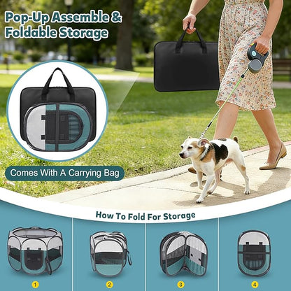 Portable Cat Playpen for Indoor Enclosed: Foldable Pet Playpen for Cat Small Dog Indoor Outdoor with Zipper Top Cover - Pop Up Puppy Kitten Tent Crates Cage Kennel with Carrying Case (Blue/White)