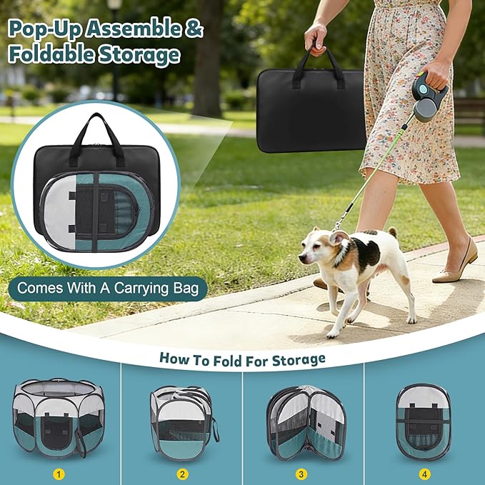 Portable Pet Playpen for Cat Dog - Foldable Medium Pet Play Pen with Removable Zipper Top for Cat Small Dog Enclosed - Pop Up Puppy Kitten Kennel with Carrying Case for Indoor Outdoor Travel Camping