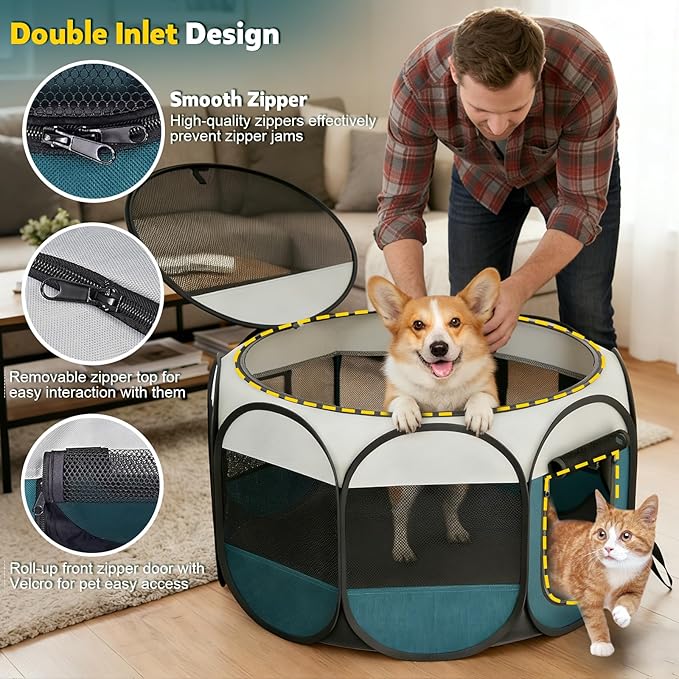 Portable Pet Playpen for Cat Dog - Foldable Large Pet Play Pen with Removable Zipper Top for Cat Small Dog Enclosed - Pop Up Puppy Kitten Kennel with Carrying Case for Indoor Outdoor Travel Camping