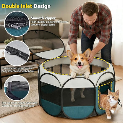 Portable Pet Playpen for Cat Dog - Foldable Medium Pet Play Pen with Removable Zipper Top for Cat Small Dog Enclosed - Pop Up Puppy Kitten Kennel with Carrying Case for Indoor Outdoor Travel Camping