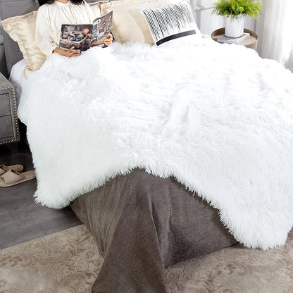 JONIYEAR Extra Large Decorative Fluffy Faux Fur Blanket Full Size 71" x 80", Soft Luxury Lightweight Furry Blankets, Accent Cozy Shaggy Plush Fuzzy Blankets for Bed, Thick Warm Winter Blanket, White