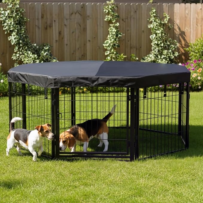 Dog Playpen w/Octagon Top Shade Cover - 24 inch, 8 Panel Portable Black Metal Pet Play Pen for Small Dogs & Puppies - Indoor/Outdoor Kennel Cage for Home, Yard, RV, or Camping