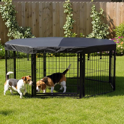 Dog Playpen w/Octagon Top Shade Cover - 24 inch, 8 Panel Portable Black Metal Pet Play Pen for Small Dogs & Puppies - Indoor/Outdoor Kennel Cage for Home, Yard, RV, or Camping