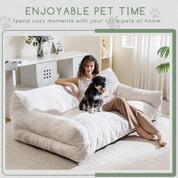 HIGOGOGO Large Human Dog Bed, Giant Dog Sofa Bed, Big Comfy Floor Sofa Couch for Pet Families with Foam Chunk Supportive Mat, XXXXL Size Corduroy Orthopedic Bed for Human, Beige