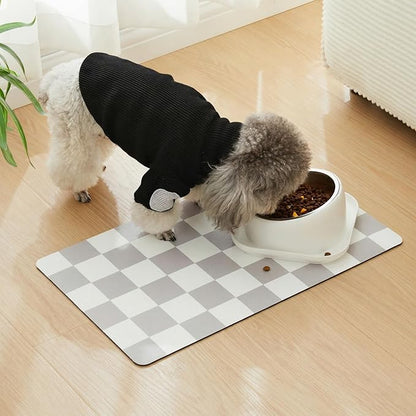 Ralxion Checkered Dog Feeding Mat, Absorbent Mats for Dog Food and Water Bowl, Dispenser, Retro Modern Aesthetic Preppy Grey Checkerboard Pet Placemat for Dogs, Cats, Puppy Accessories, 12" X19”