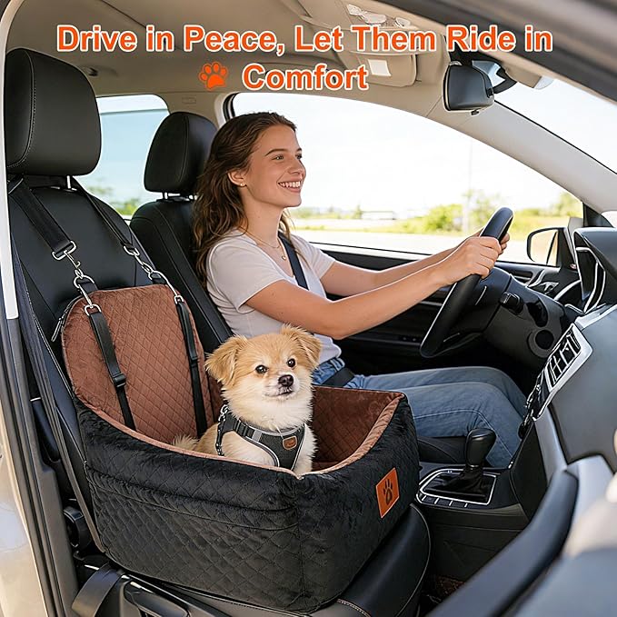 Small Dog Car Seat for Small Dogs Under 30 lbs, Memory Foam Pet Car Seat with Joint Relief & Washable Cover, Portable Travel Bed for SUV/Sedan (Black/Brown)