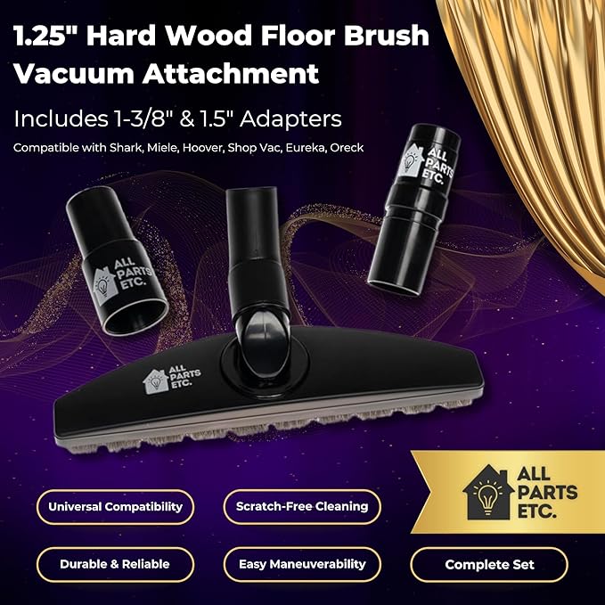 1.25" Hardwood Floor Vacuum Brush Attachment with Natural Horsehair Bristles - Includes 1-3/8" & 1.5" Adapters - Compatible with Shark, Miele, Hoover, Shop Vac, Eureka, Oreck