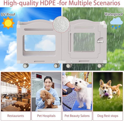 Acrylic Dog Playpen, Indoor Whelping Box with Pet Stroller, Puppy Playpen for Small Medium Pets, Cat Rabbit & Puppies, 6-Panel with Bottom Panel, 8 Wheels, Safe, Sturdy, Apricot Gray