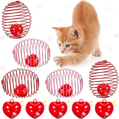 Jecery 5 Pcs Cat Spring Balls Toys Stretchable Rolling Balls Colorful Playful Coils Interactive Action Toy Caged Rats for Kitten Pet Supplies (Heart Bel,Pink Red)