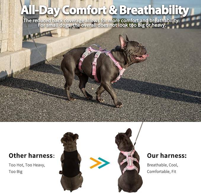 Huntboo No Escape Dog Harness, Escape Proof Harness, Fully Reflective Harness with Padded Handle, Breathable,Durable, Adjustable Vest for Small Dogs Walking, Training, and Running Gear（Pink,S